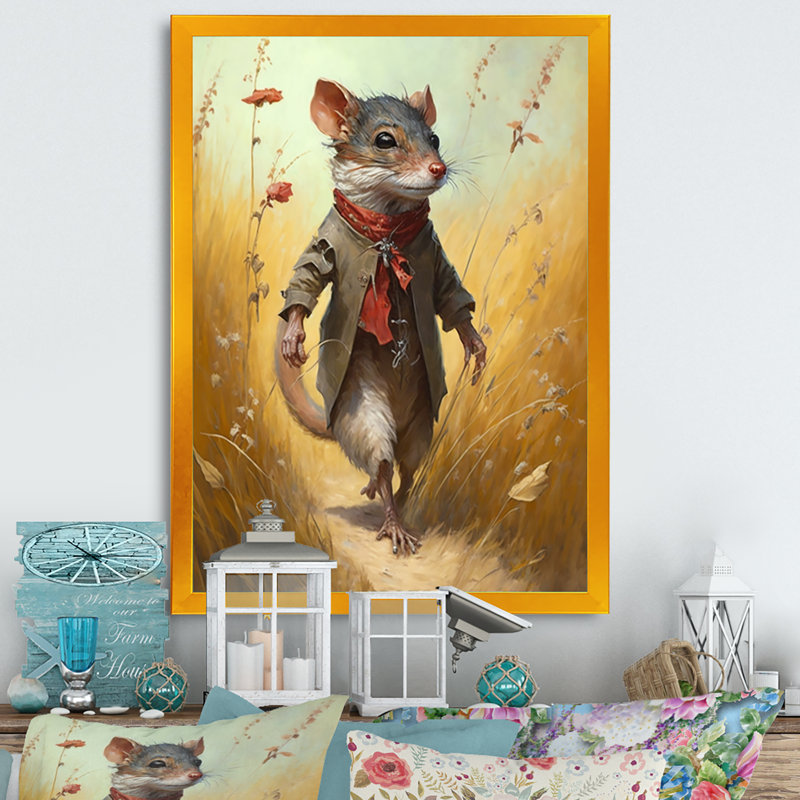 Souris dans l'herbe - reproduction sur toile, H 20 po x l 12 po x P 1 po, Impression dorée sur toile encadrée