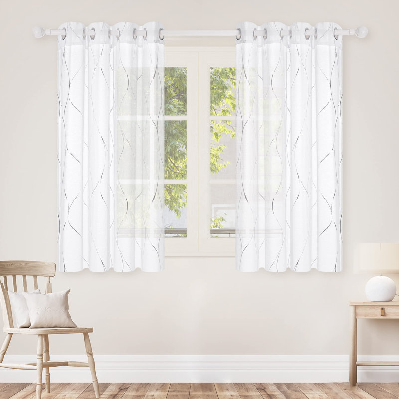 Silver Foil Printed Wave Pattern Semi Sheer Grommet Top Curtains (Set of 2), 52" W x 54"L