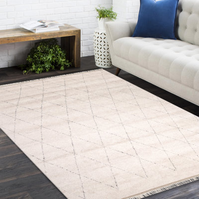 Flerida Geometric Hand-Knotted Wool Area Rug in Linen