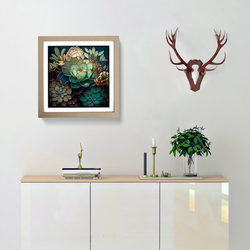 Succulent Stained Glass Effect - Framed Print, Oak