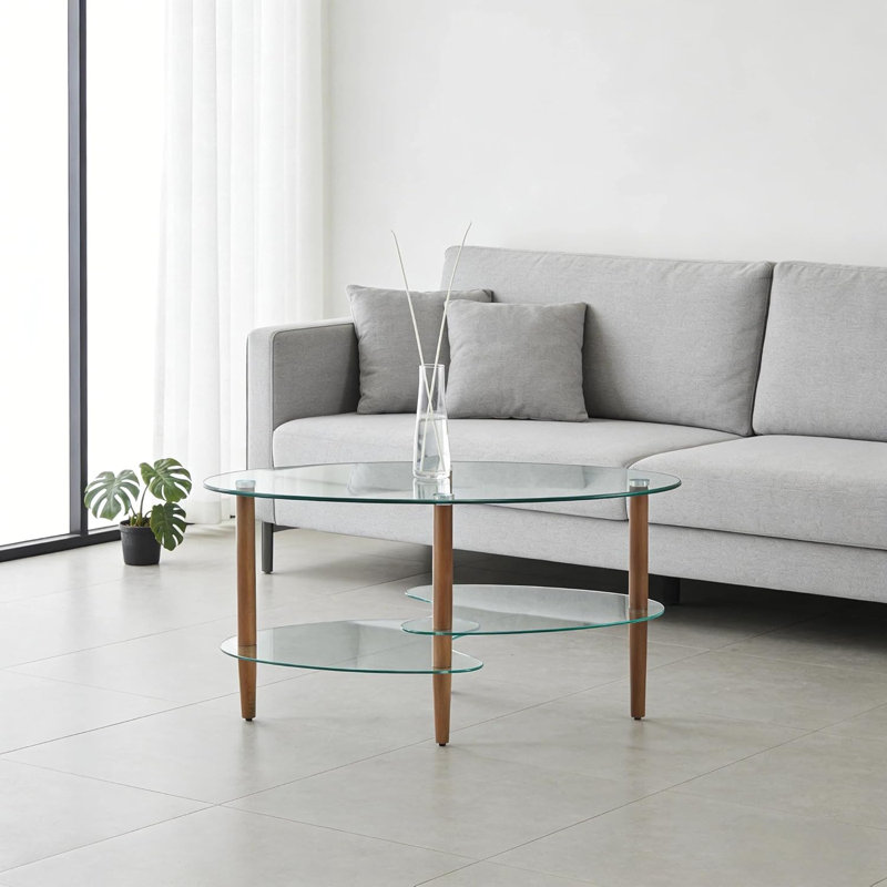 Table basse ovale en verre transparent, table moderne avec pieds en acier inoxydable, table basse en verre à 3 couches pour le salon