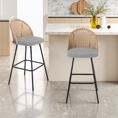 Upholstered Light Gray Rattan Full Back Counter Bar Stool