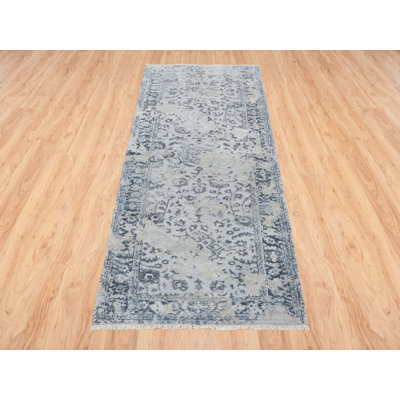 2'9" x 7'8" New Hand Knotted Grey Wool & Silk Runner Oriental Rug - MOA10264829