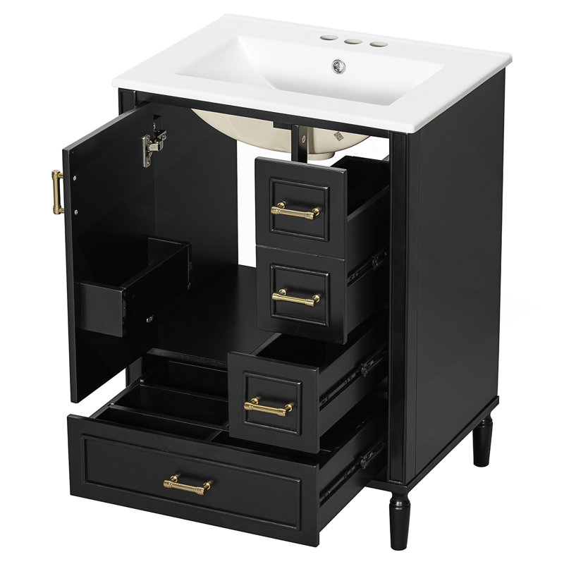 Meuble-lavabo moderne avec lavabo en céramique et tiroirs à fermeture en douceur, Noir