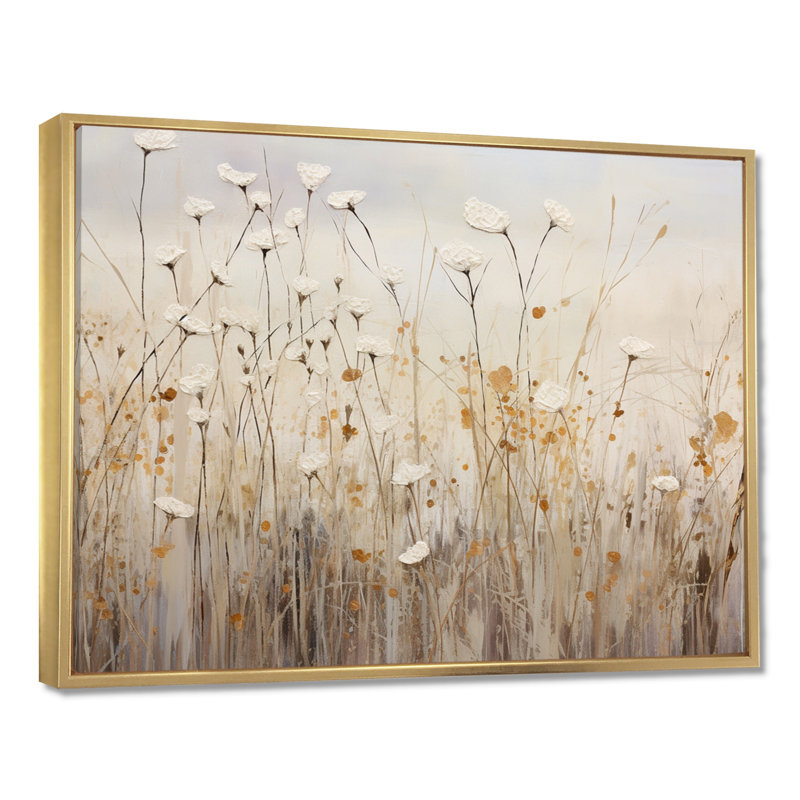 beige Wildflowers Floral Fantasy - Beige Wildflowers Wall Art, 12" H x 20" W, Floater Framed Print, Gold