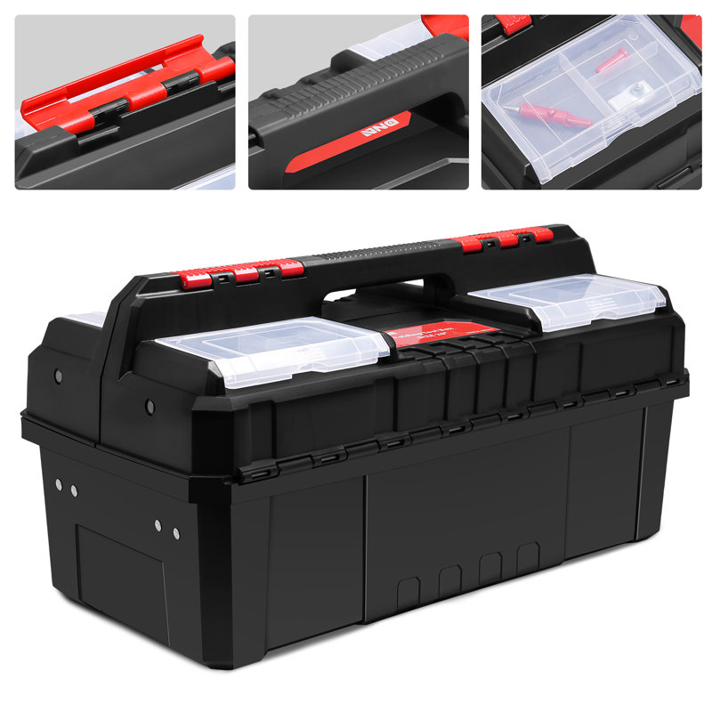 2-Layer Lockable Tool Box Plastic Portable Storage Folding Toolbox Tray Divider Tool Organizers, Black/Red