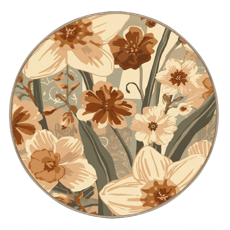 Tapis floral BCBG beige lavable à la machine - reliure beige, Rond 8 pi
