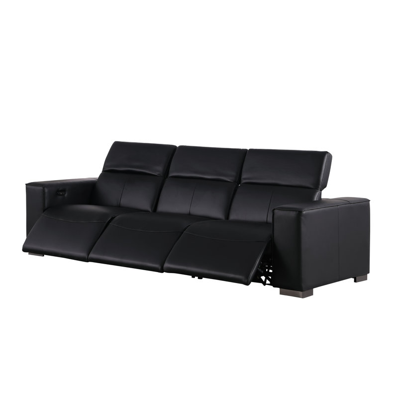 Luxurious Genuine Leather Power Reclining Sofa With Three Recliners And Power Headrests, Black
