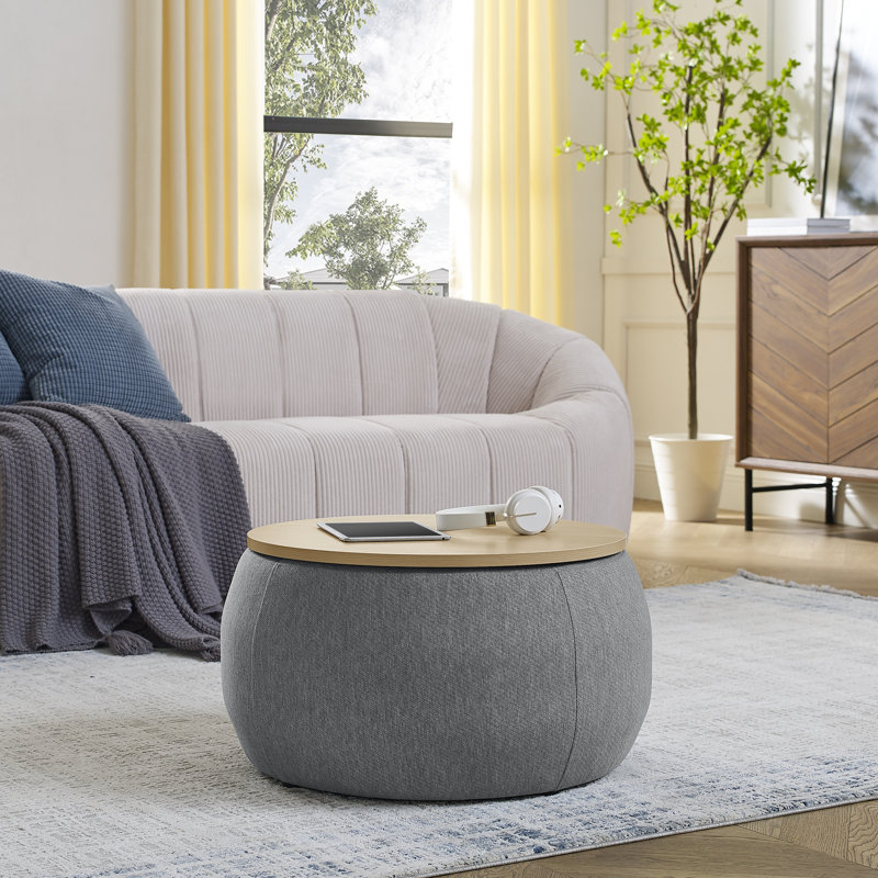 Repose-pieds rond avec rangement Dariyan, Tissu gris foncé