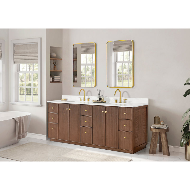 Waubun Rally 84'' Free Standing Double Bathroom Vanity with Calacatta Quartz Top, Dark Brown Oak