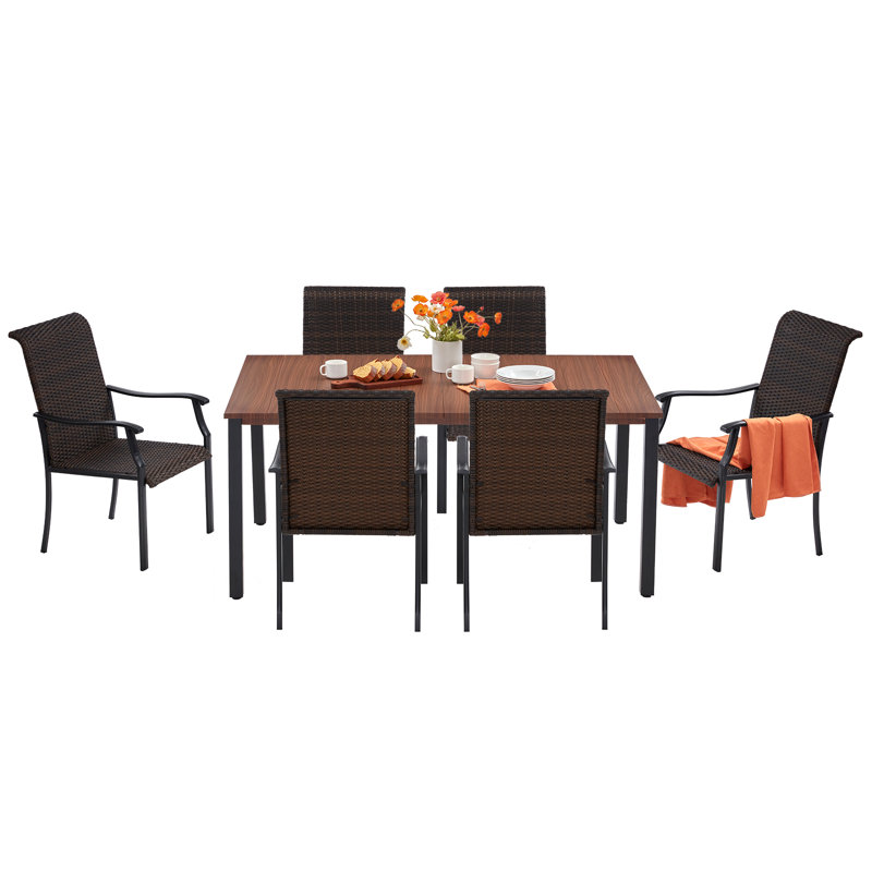 6 - Person Patio Dining Set with Rectangular Table, Black, Brown