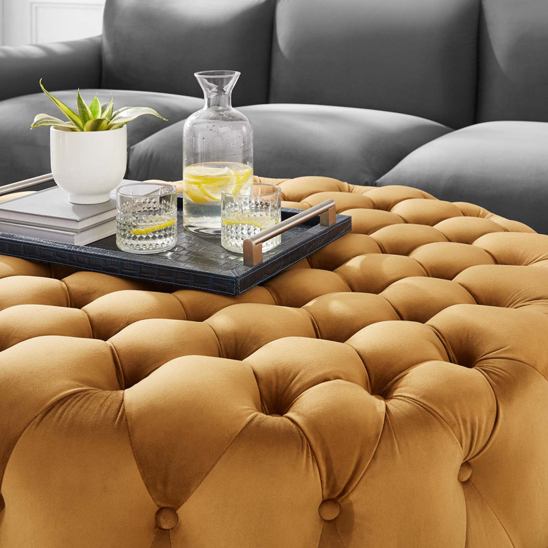 Grand repose-pieds rond en velours Performance, Velours cognac