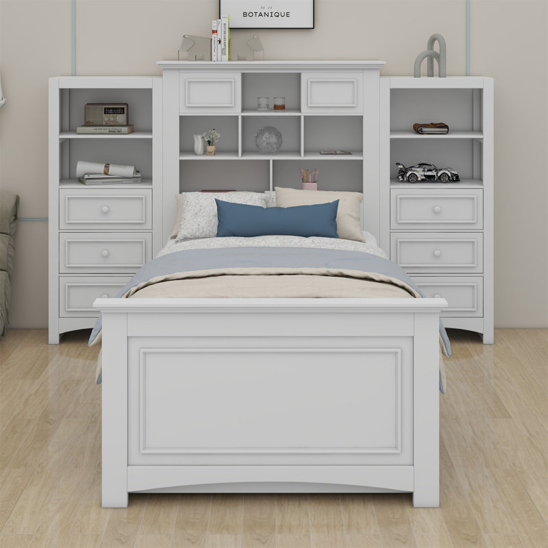 Lit plateforme avec armoire verticale et tiroirs tout-en-un, Blanc