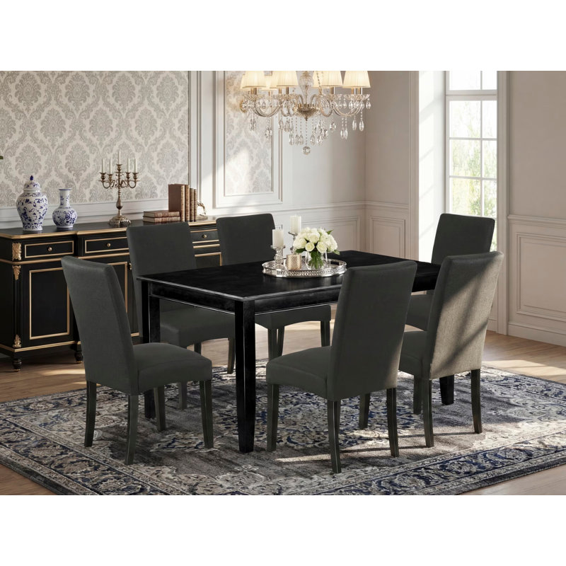 7 Piece Modern Dining Table Set Consist of a Rectangle Wooden Table and 6 Black Color Linen Fabric Upholstered Chairs, Black