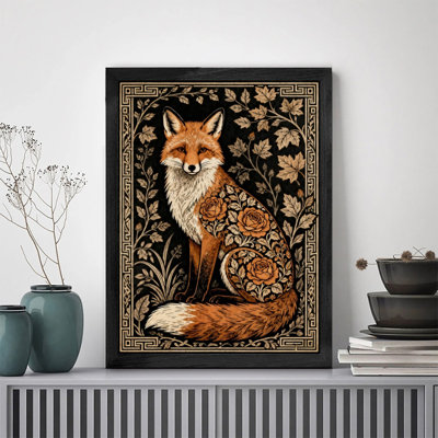 Black Framed Vintage Floral Fox Wall Art, Classic Botanical Whimsical Frame Print