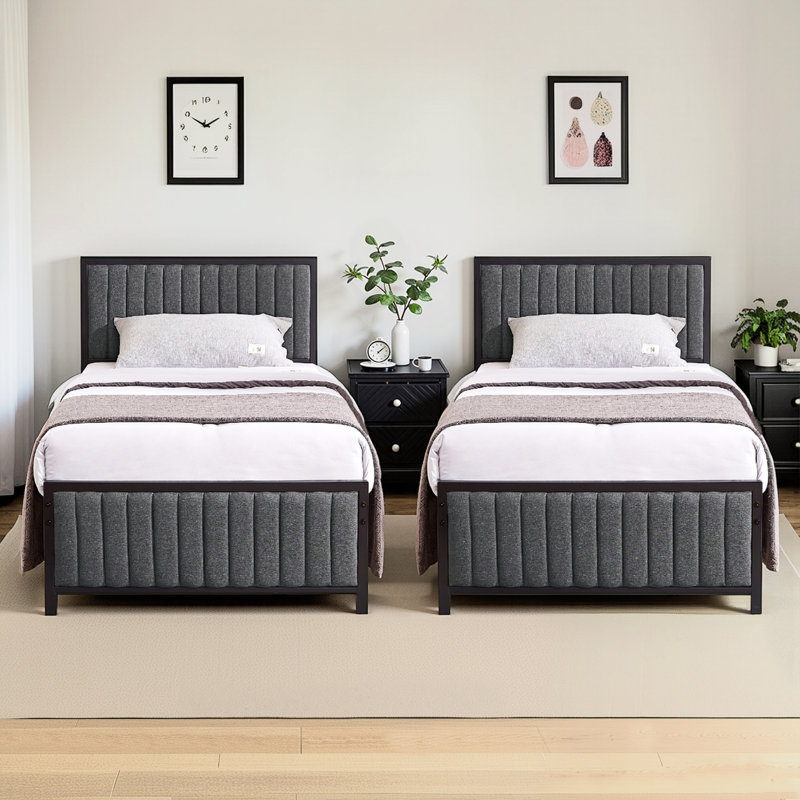 Ensemble de 2 bases de lit tapissier simple avec tête de lit rembourrée, lit plateforme à lattes en métal robuste, rangement sous le lit, gris