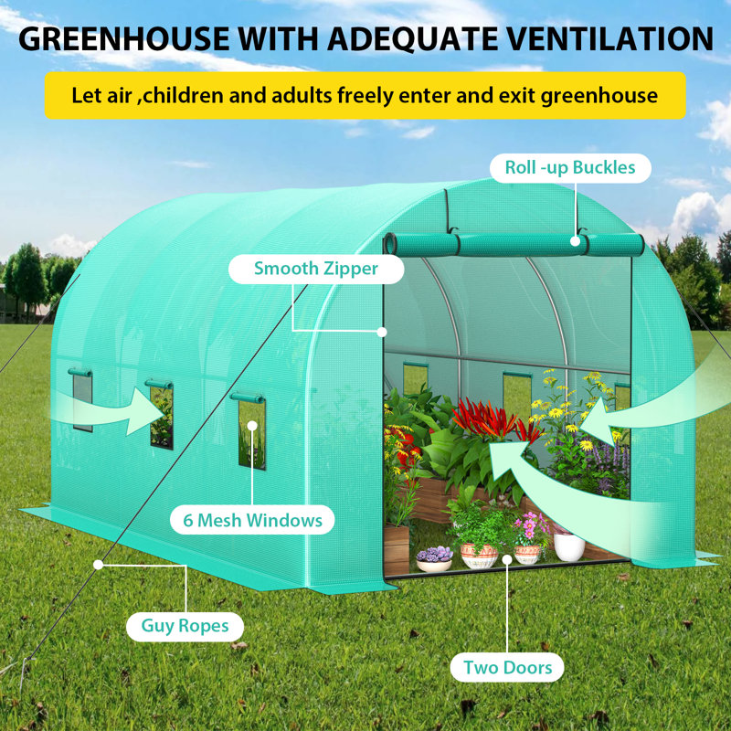 Serre extérieure 8 po x 13 po x 7 pi, structure en acier galvanisé, housse PE isolée, 2 portes et 6 fenêtres, avec outils d'installation pour plantes et légumes
