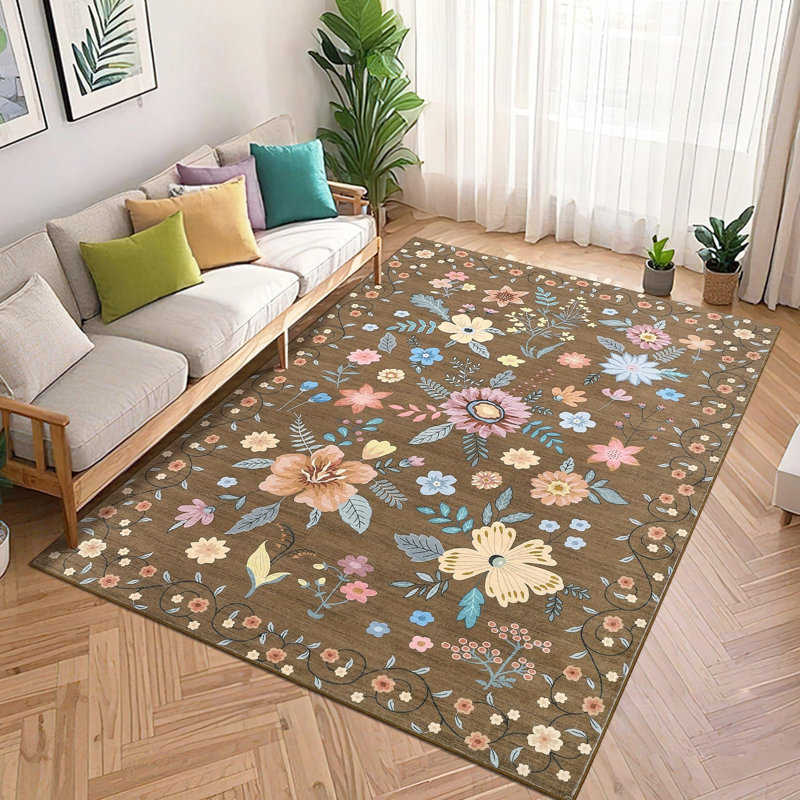 Floral 8x10 Area Rugs for Living Room Boho Flower Carpet Rug Non Slip Washable Bedroom Rug for Nursery Kitchen Dining Decor Brown