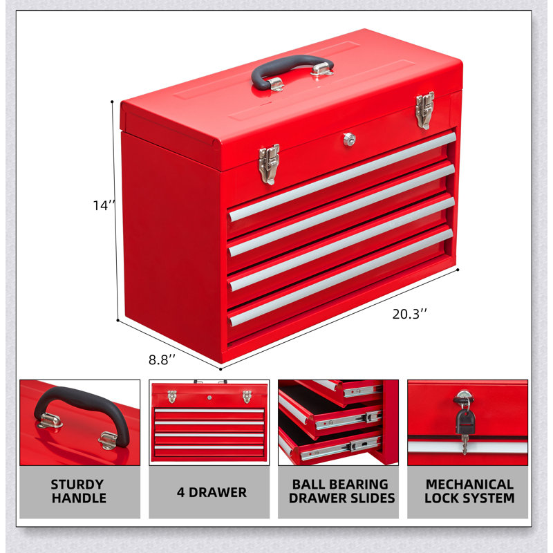 Boîte à outils en métal durable avec 4 tiroirs, coffre en acier portable, serrure à cylindre, fermeture à loquet et revêtement thermolaqué rouge pour le garage et l'extérieur