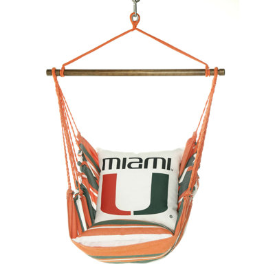 Fauteuil suspendu hamac arborant le logo des Hurricanes de Miami, orange et vert.