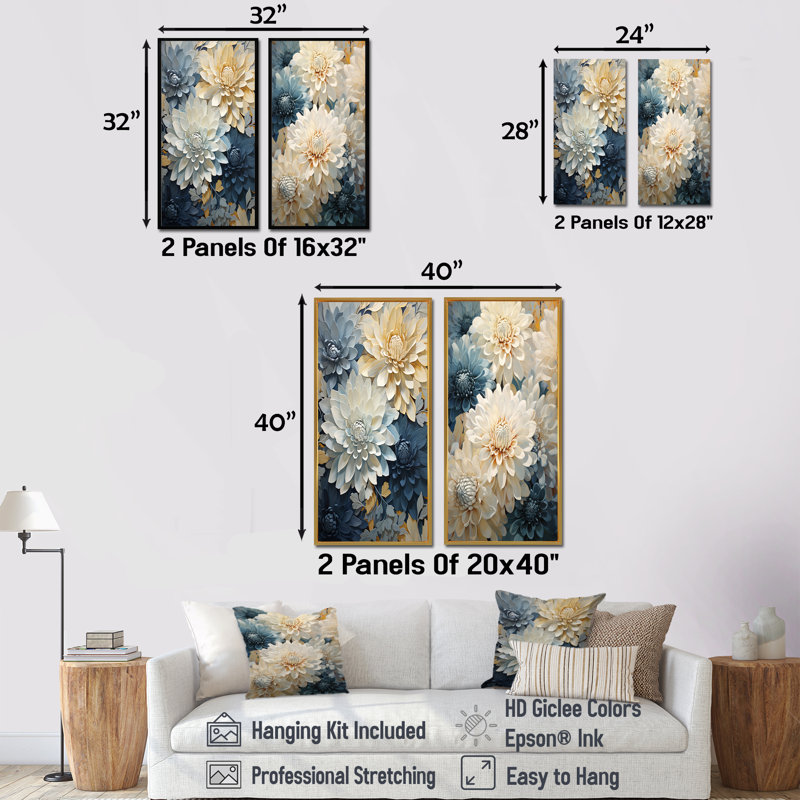«Mums White and Blue Elegance - Mums», ensemble de 2 reproductions d'art sur toile, Encadrement doré, H 28 po x l 25 po