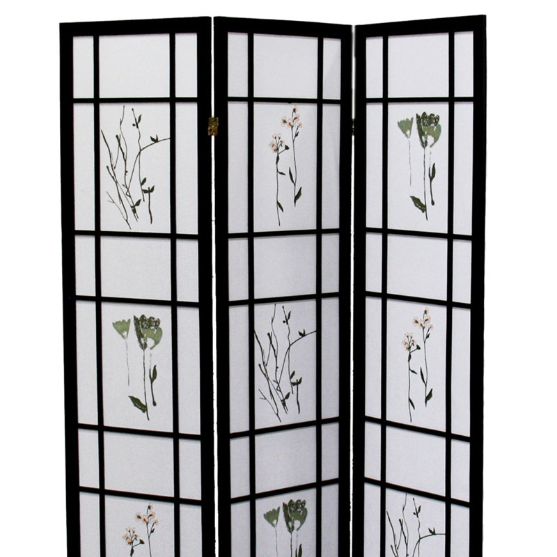 Paravent 70 po 3 po, finition noire, design asiatique, pin massif, panneaux à imprimé floral, style asiatique traditionnel pliable, imprimé floral