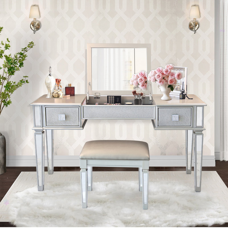 Ensemble de coiffeuse de chambre à coucher avec miroir et tabouret, coiffeuse rabattable pour chambre / salle de maquillage