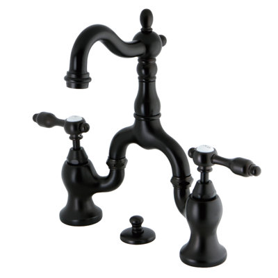 Kingston Brass Tudor Two-Handle 3-Hole Deck Mount Bridge Bathroom Faucet with Brass Pop-Up