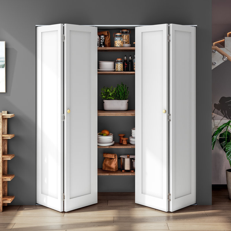 Porte pliante en bois manufacturé à double panneaux apprêtée avec trousse de quincaillerie, 60 po x 80 po