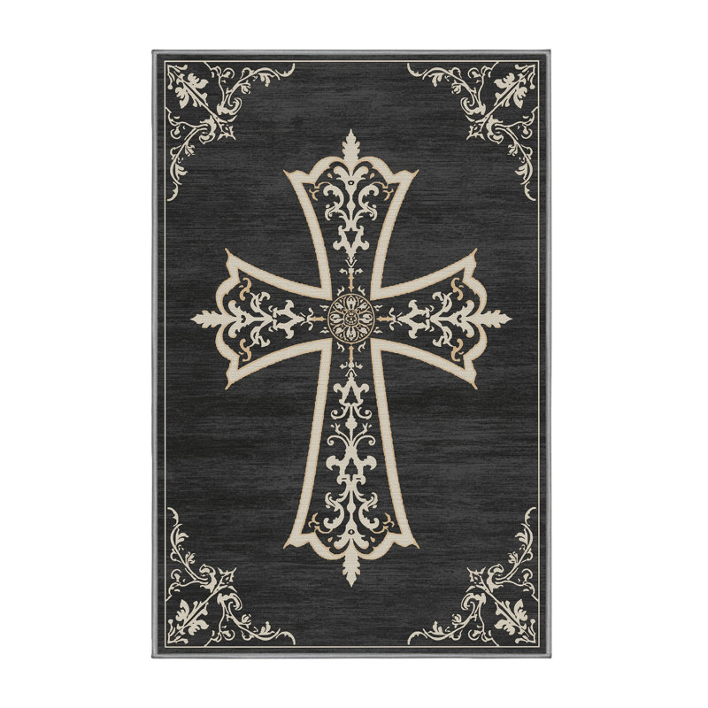 Tapis damassé classique à motif de croix templier lavable à la machine en gris - Reliure grise, 8 x 12