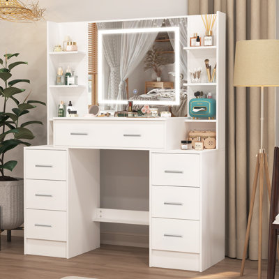 Coiffeuse avec miroir lumineux à DEL, 7 tiroirs et tablettes de rangement, coiffeuse avec 3 modes d'éclairage pour la chambre à coucher, blanc