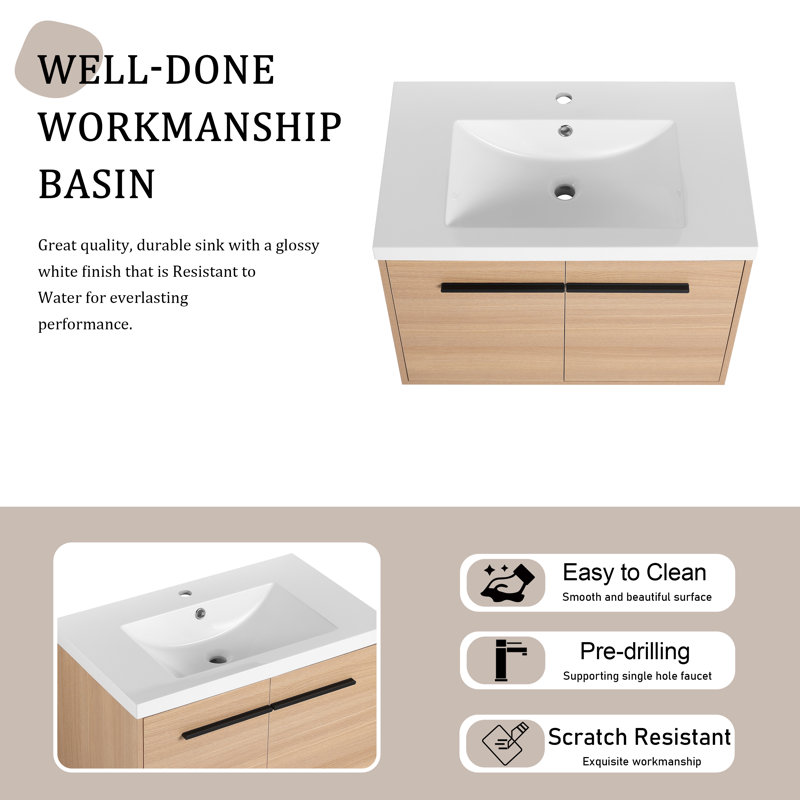 Meuble-lavabo mural simple 30 po avec comptoir en résine, beige