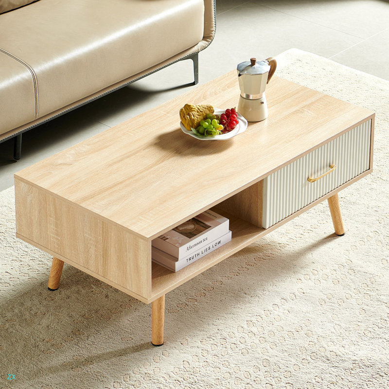 Table basse rectangulaire avec pieds solides, tiroir coulissant pour le rangement, table moderne pour le salon, Naturel