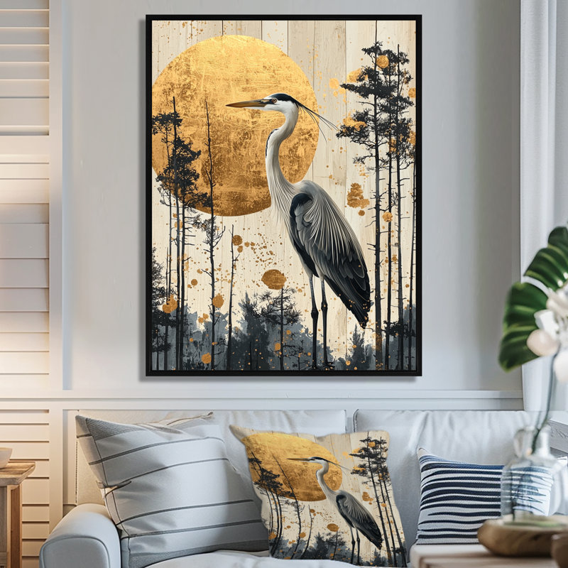 Azérie lever de soleil héron à l'encre de Chine dorée paysage I - héron, art mural, H 20 po x l 12 po, Noir