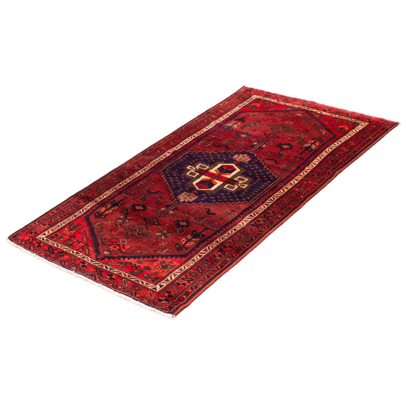 Tapis rouge foncé en laine noué à la main de conception unique 3 pi 9 po x 6 pi 7 po Jesse-James