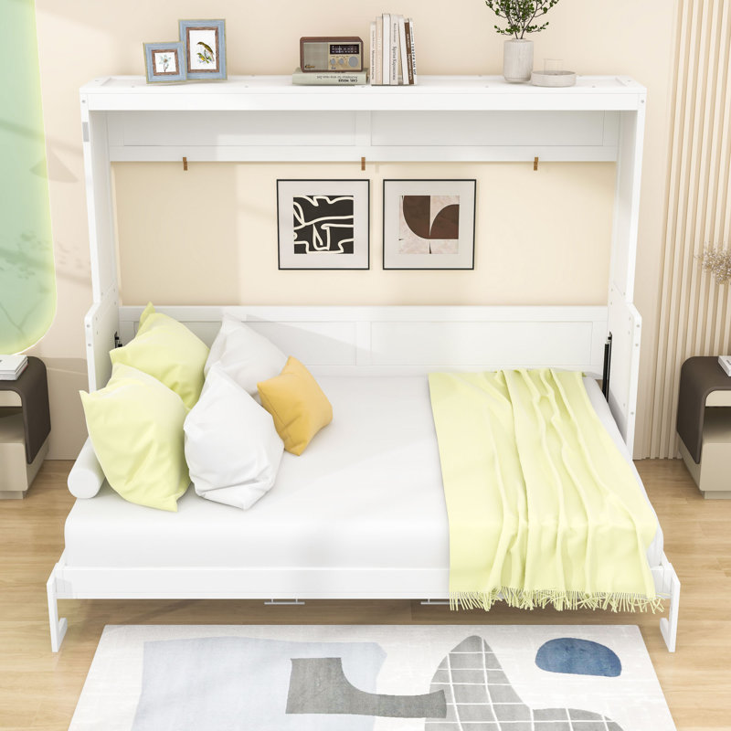 Lit escamotable en bois avec tablettes, Blanc, Grand