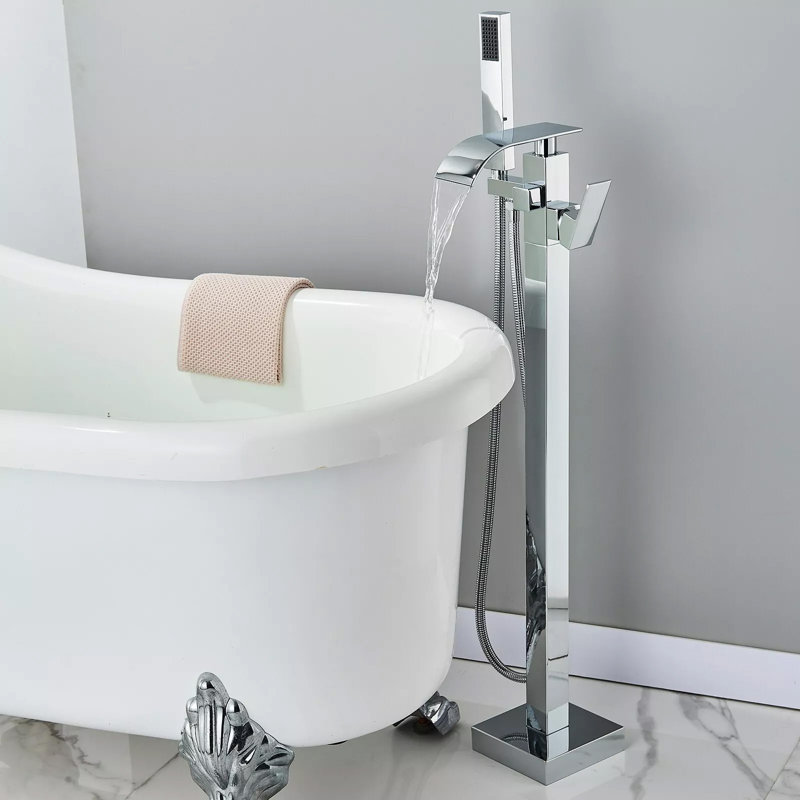 Modern Luxury Chrome Freestanding Bathtub Faucet - Floor Mount Tub Filler with Handheld Shower Head for Bathroom