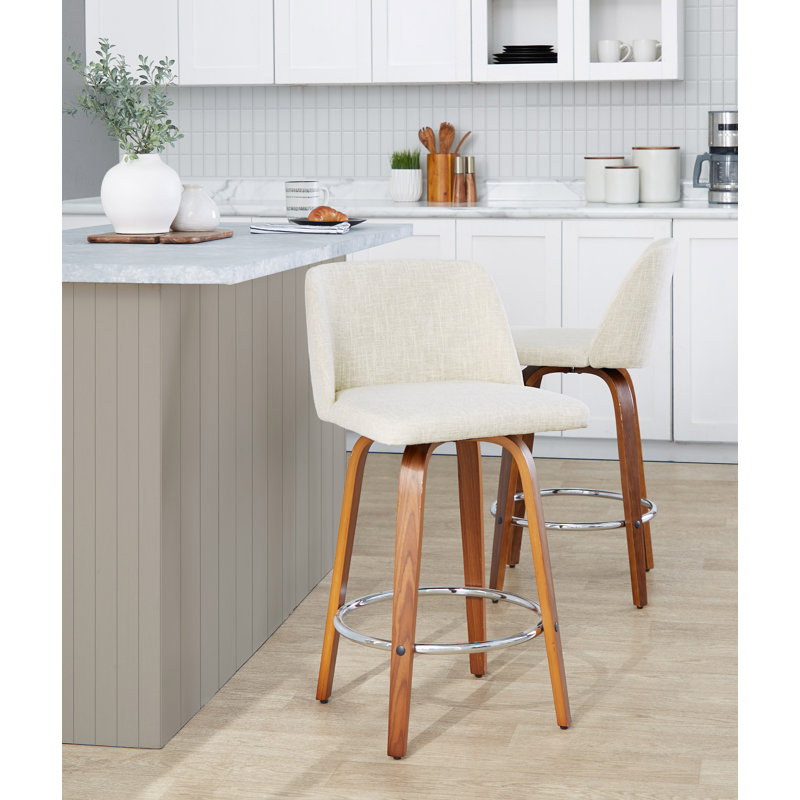 Thea 26" Fixed-Height Counter Stools with Bent Wood Legs & Round Footrest, Cream, Chrome