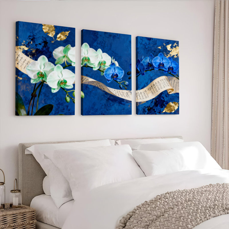 Orchidée à motif floral bleu doré sur toile tendue, ensemble de 3 décorations pour salon, H 18 po x l 36 po