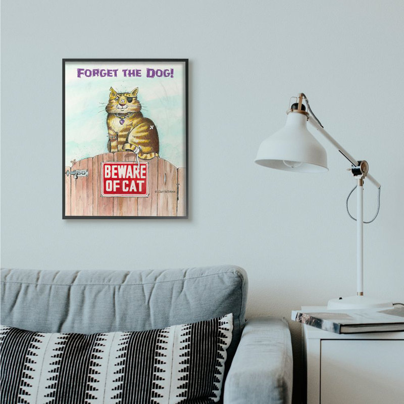 «Forget the Dog Funny Cat» par Gary Patterson - impression d'art graphique, H 30 po x l 24 po, Giclée encadrée noir minuit