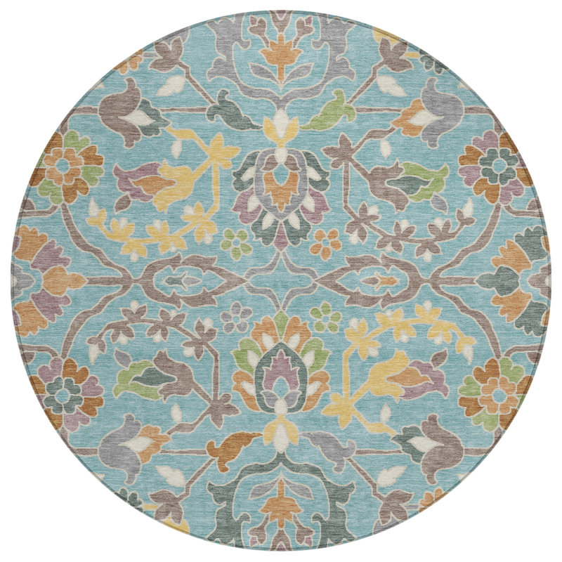 Machine Washable Indoor/Outdoor Chantille ACN2587 Floral Rug, Teal, 8' Round