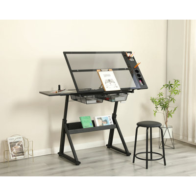Hand Crank Adjustable Tempered Glass Drafting Drawing And Printing Table With Chair And Storage Space For Living Room, Study, Bedroom