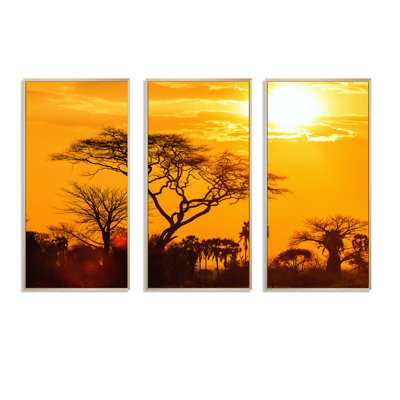 «Orange Glow Of African Sunset», ensemble d'art mural sur toile encadré paysage
