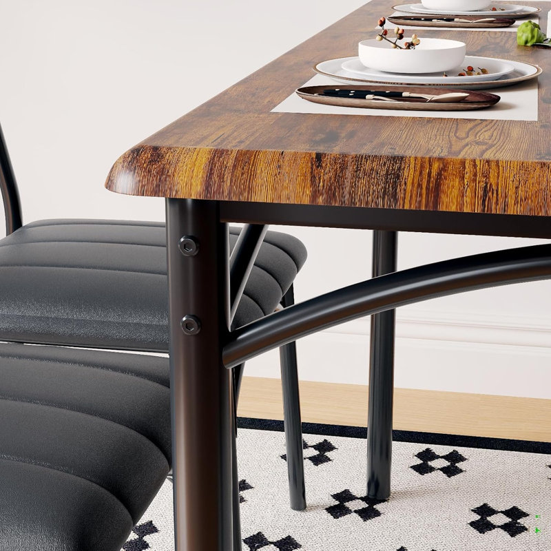 Industrial Dining Set for 2, Compact Table & 2 PU Upholstered Chairs, Space-Saving for Small Spaces, Brown