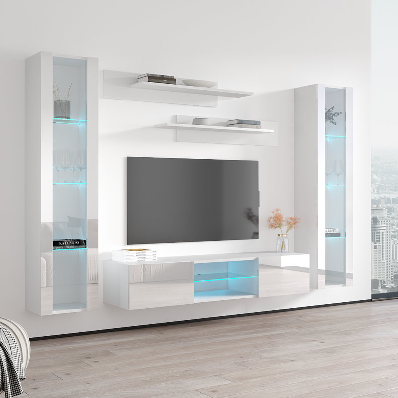 Meuble audio-vidéo flottant de 100 po avec éclairage à DEL 16 couleurs, finition ultrabrillante, Blanc
