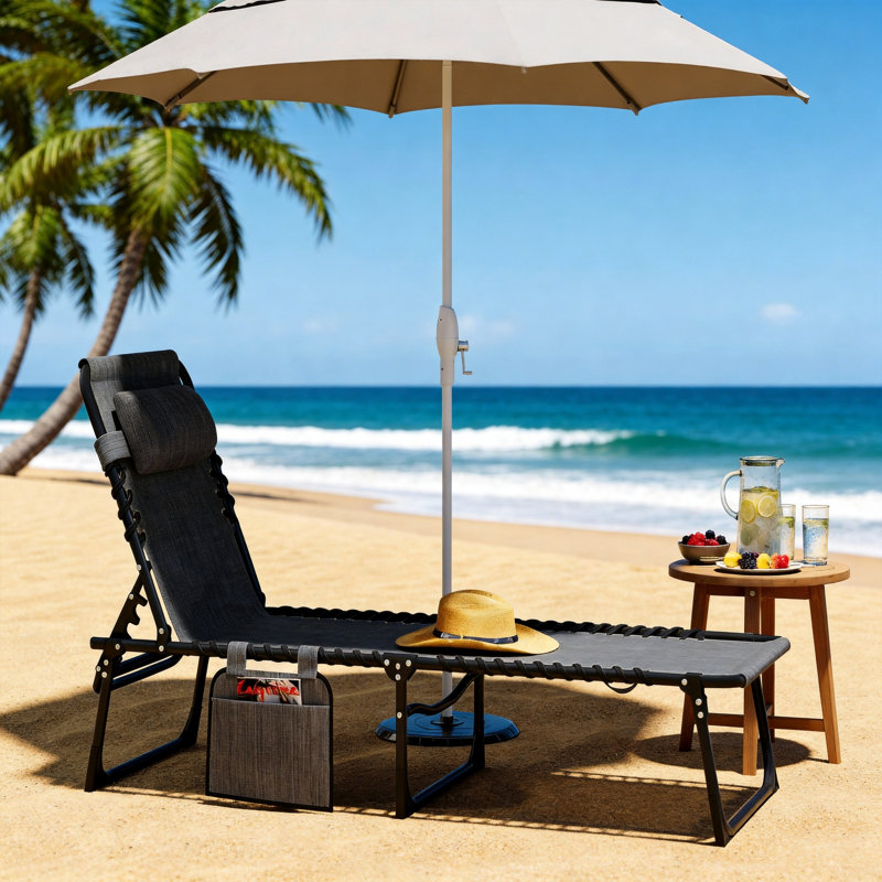 Grey Outdoor Folding Sun Lounger, 5-Position Adjustable Sunbathing Chair With Handle, Side Pockets, And Detachable Pillow. Suitable For Gardens, Beaches, Pools, And Camping.