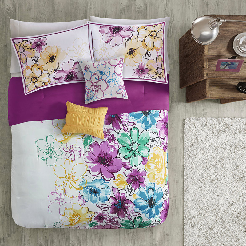 Soft Blue Comforter , Full/queen, Floral Design Asymmetrical Sheets