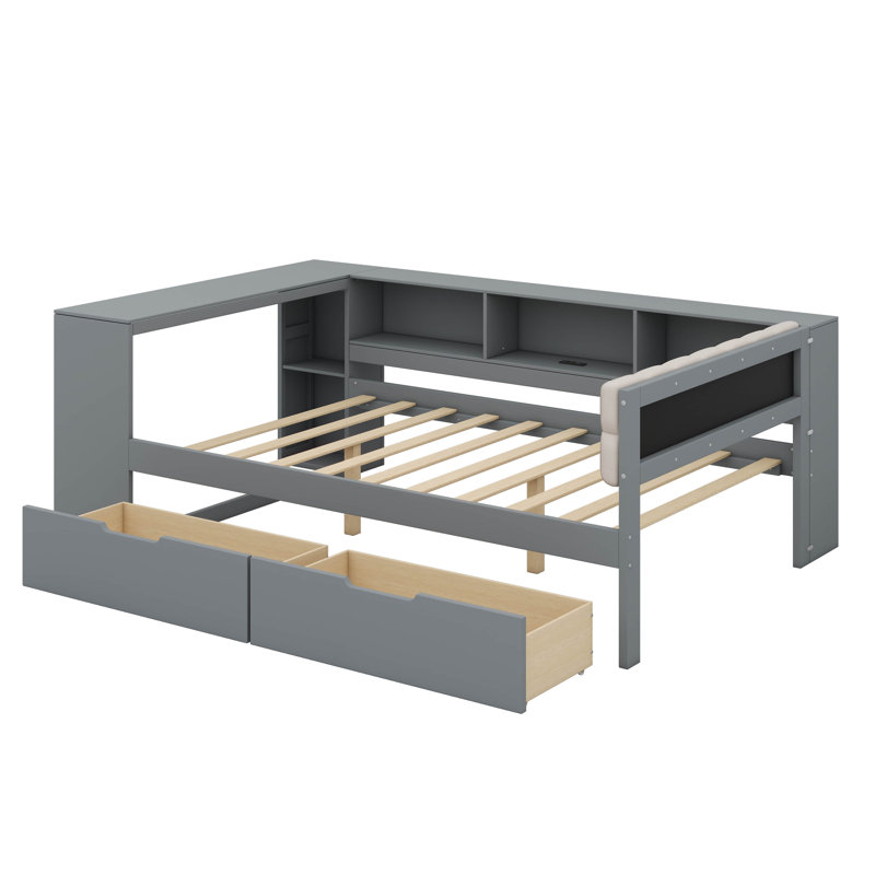 Lit plateforme avec tablettes, tiroirs, port de charge et tête de lit tapissier, Double , Gris