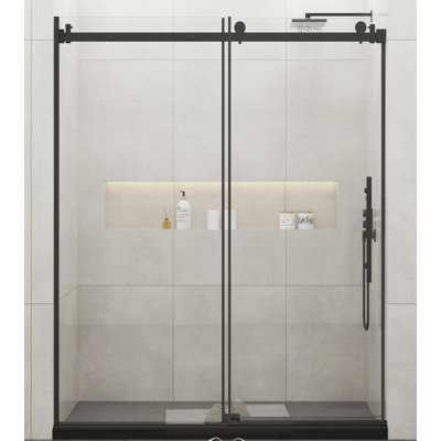 Frameless Sliding Glass Shower Doors 60" Width X 76"height With 3/8"(10mm) Clear Tempered Glass, Matt Black Finish