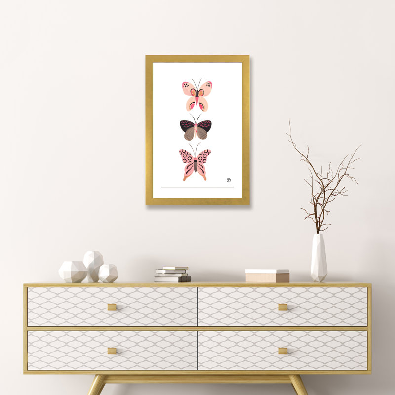 «Butterfly Trio», art encadré, H 24 po x l 16 po x P 1 po, Papier encadré doré